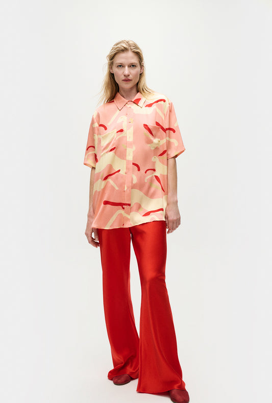 Silk Short Sleeve Boyfriend Shirt Rabbit Amaranth