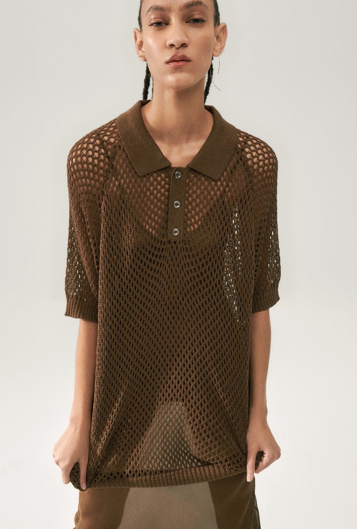 Crochet Raglan Polo Dark Earth