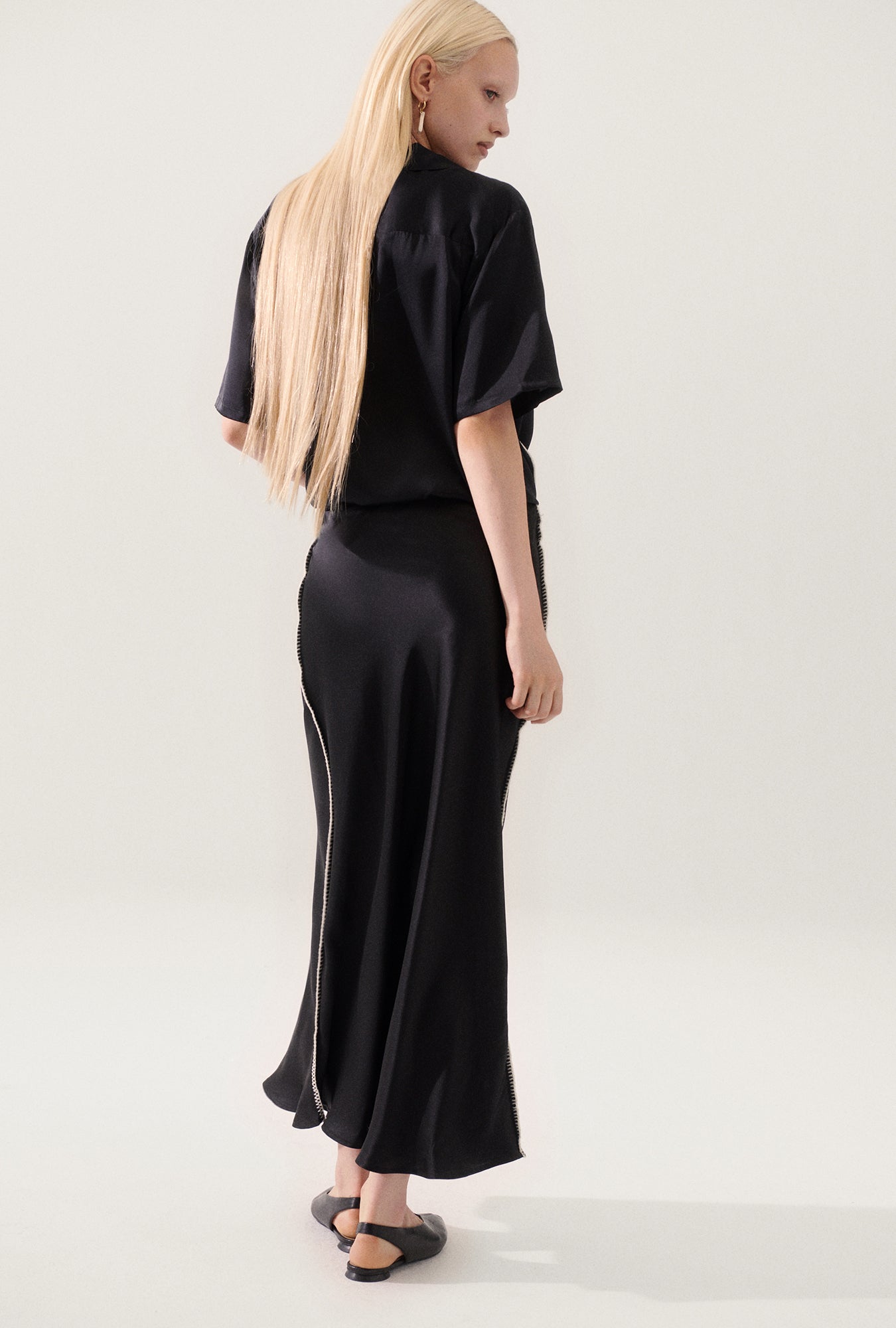 Long Bias Cut Skirt Blanket Stitch Black