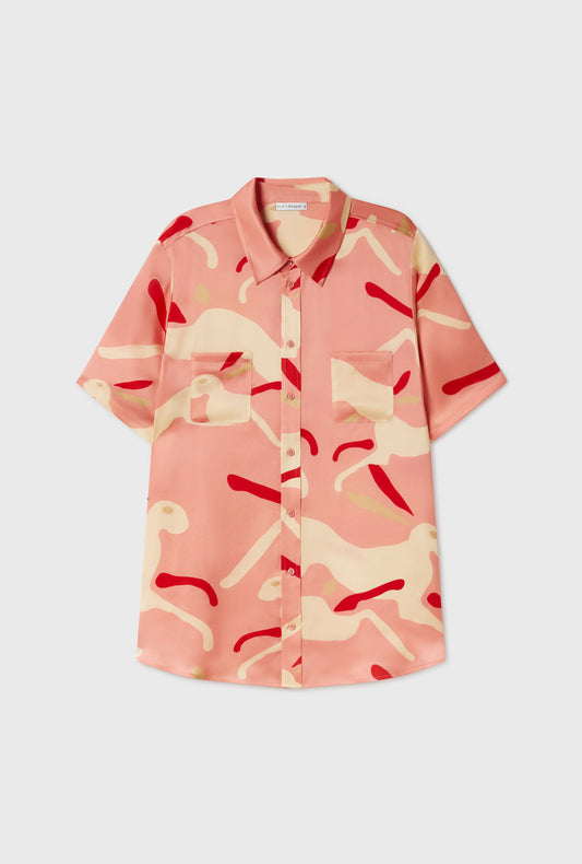 Silk Short Sleeve Boyfriend Shirt Rabbit Amaranth