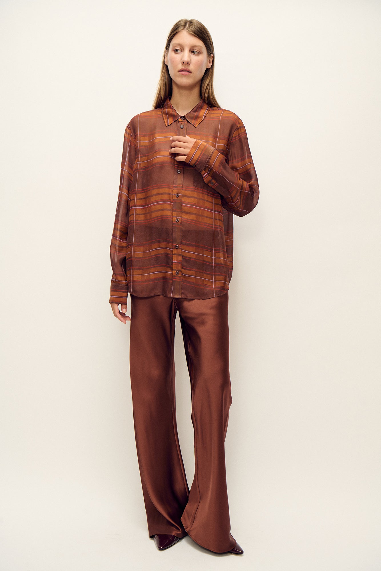 Chiffon Boyfriend Shirt Root Plaid