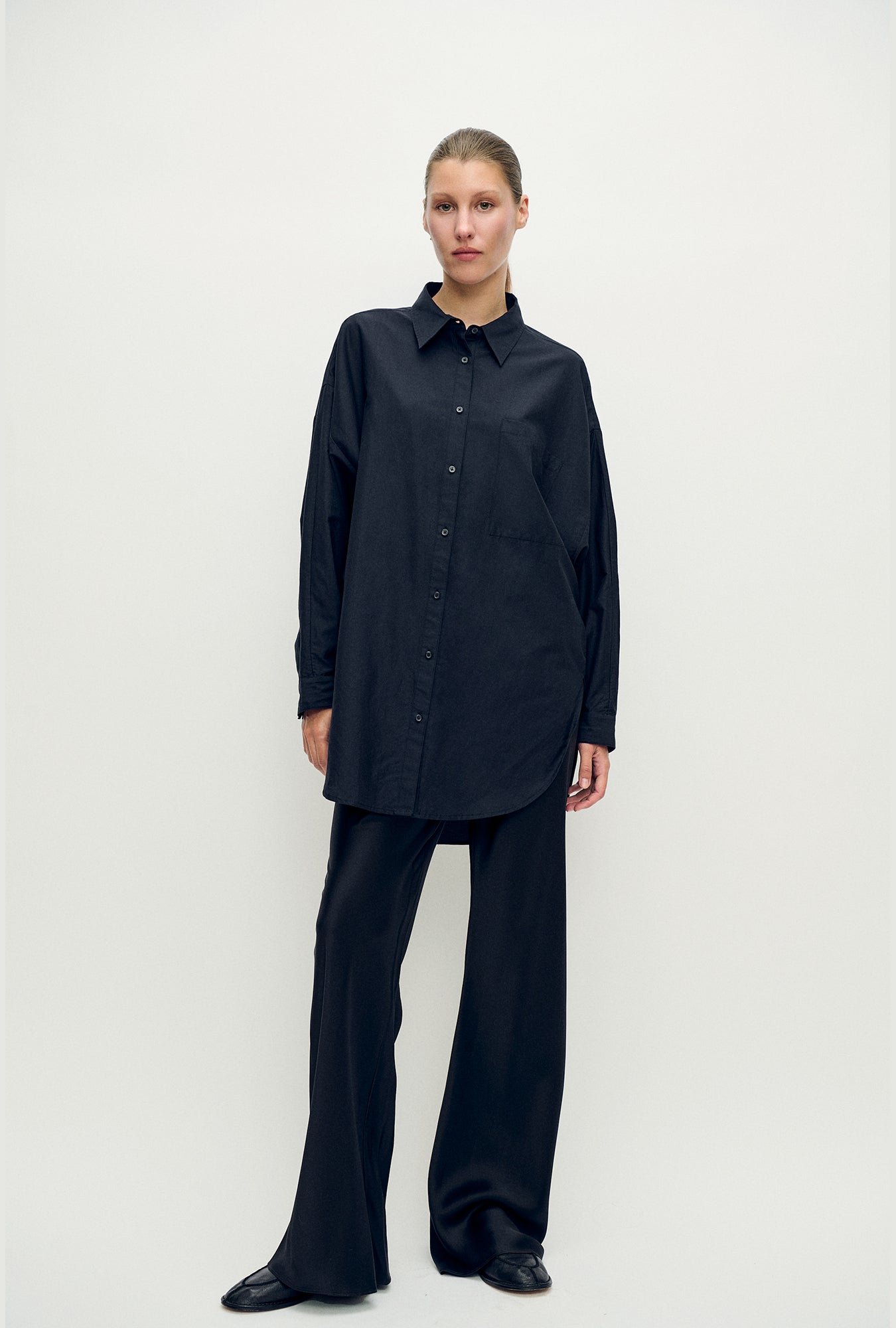 Cotton Silk Round Shirt Black