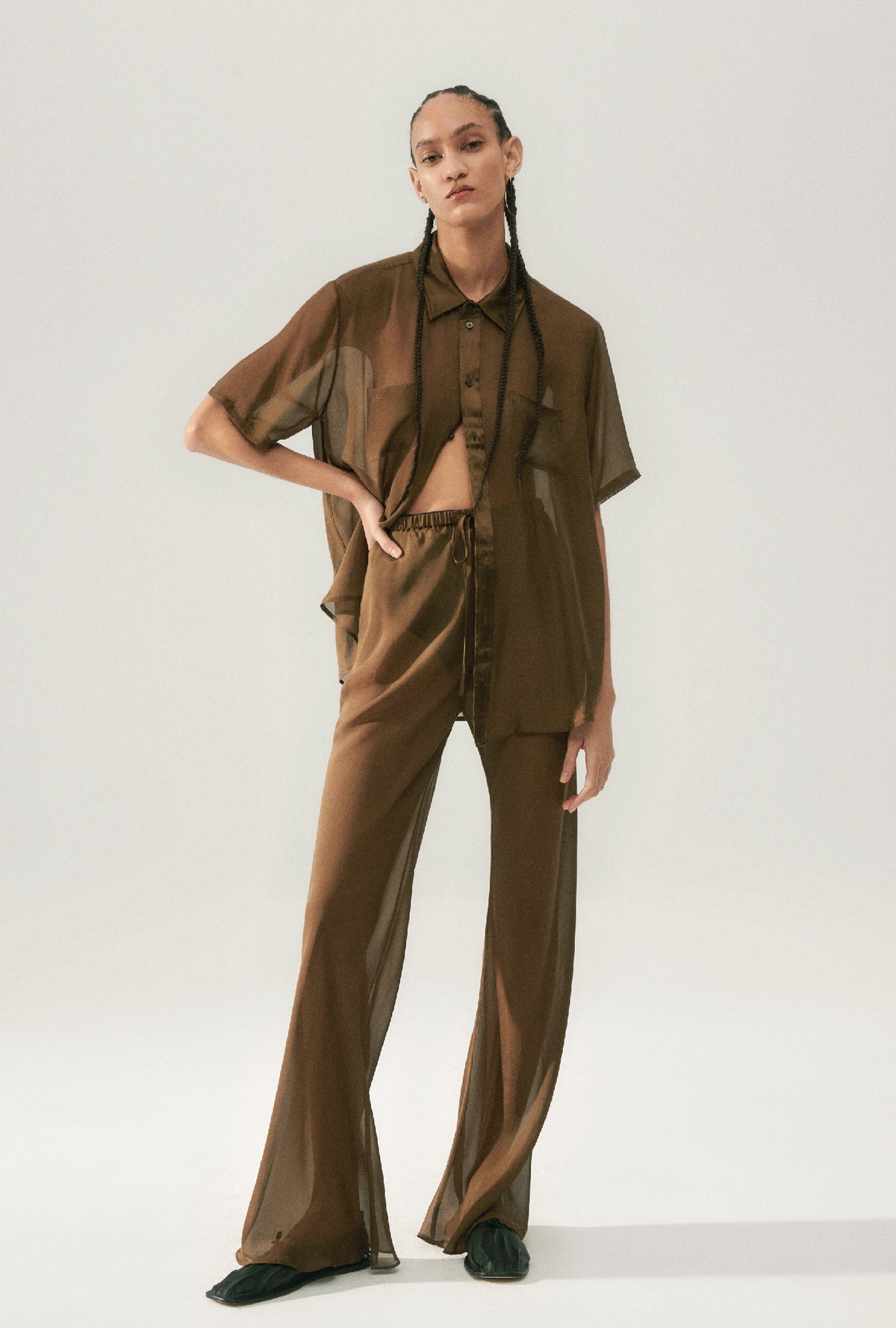 Chiffon Bias Cut Pants Dark Earth