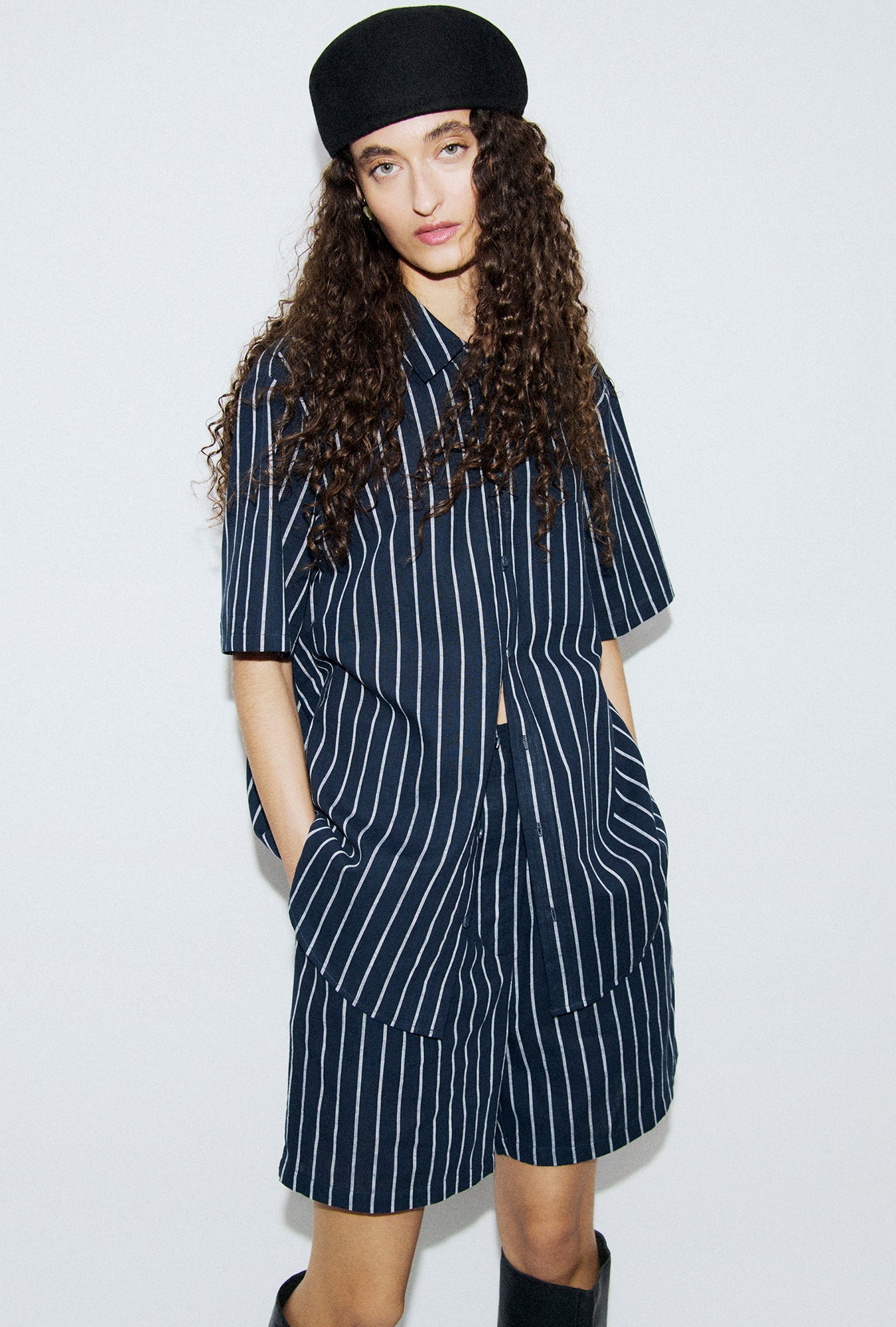 Cotton Short Sleeve Boyfriend Shirt Egret Stripe