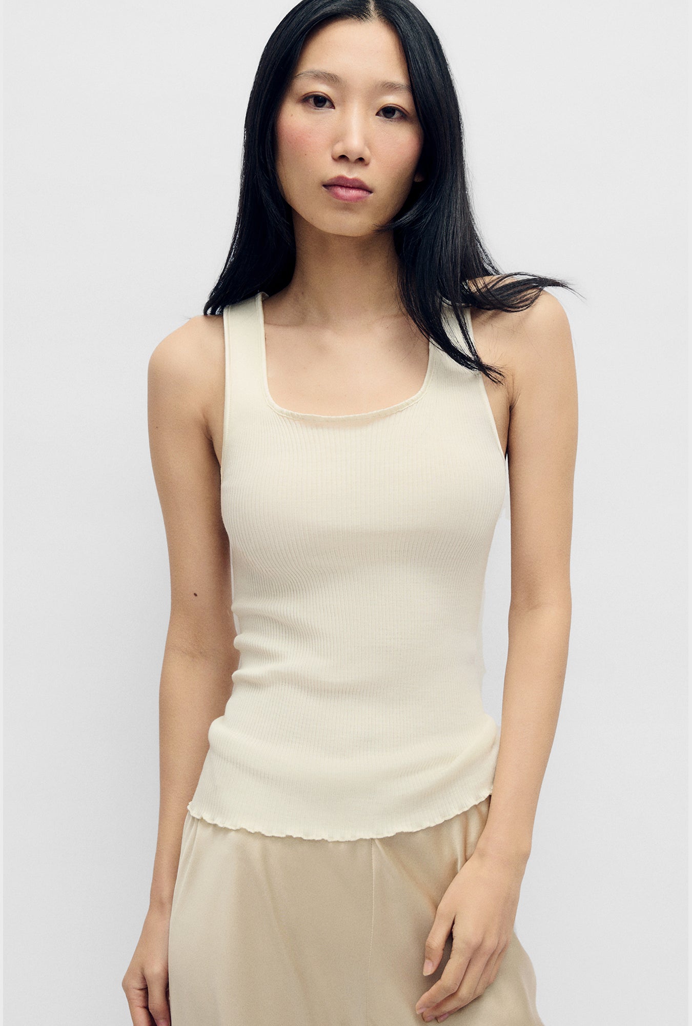 Silk Wool Ribbed Essential Tank White