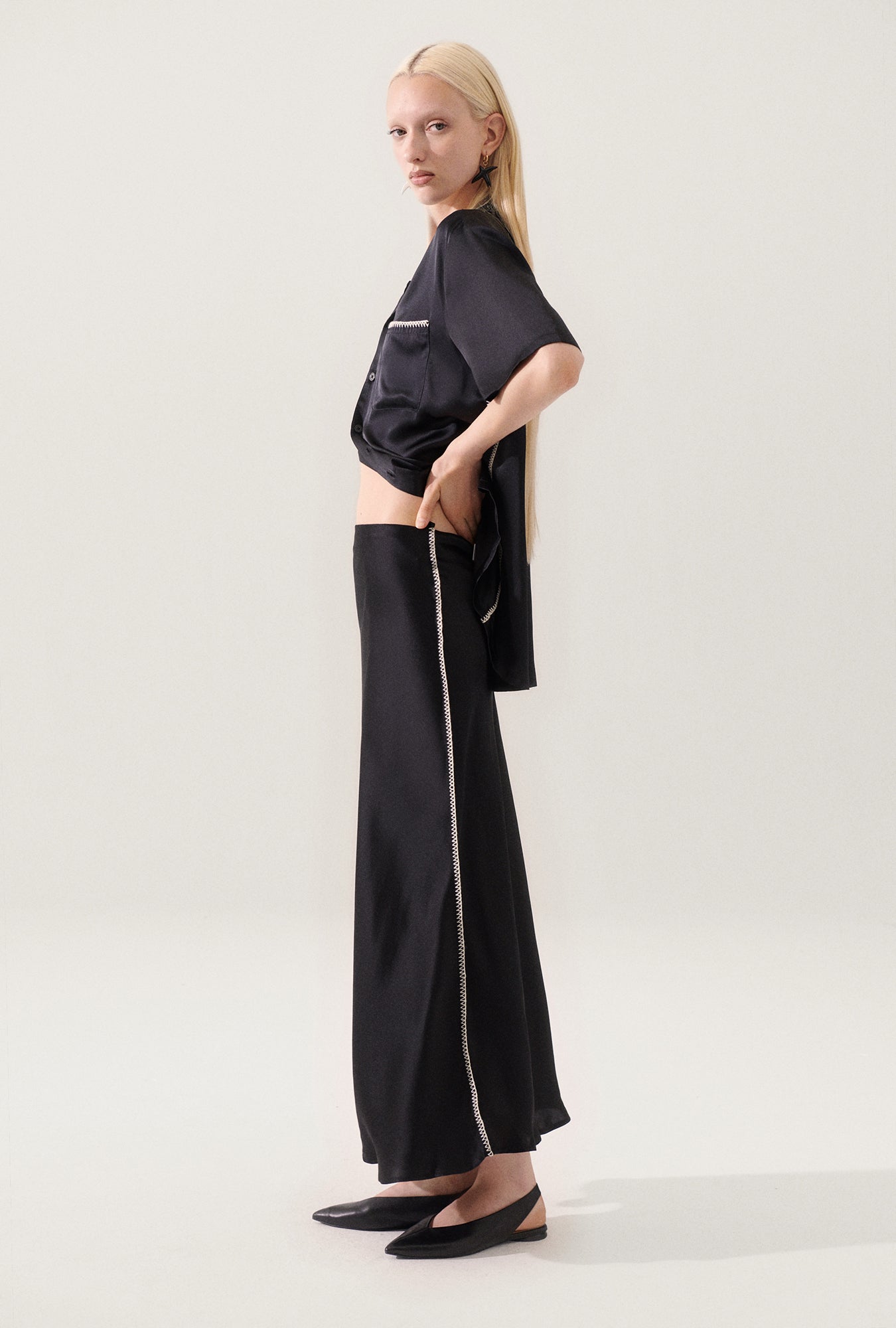 Long Bias Cut Skirt Blanket Stitch Black